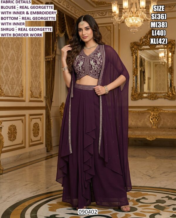 Stylish Ethnic Palazzo Set With Border Work Shrug