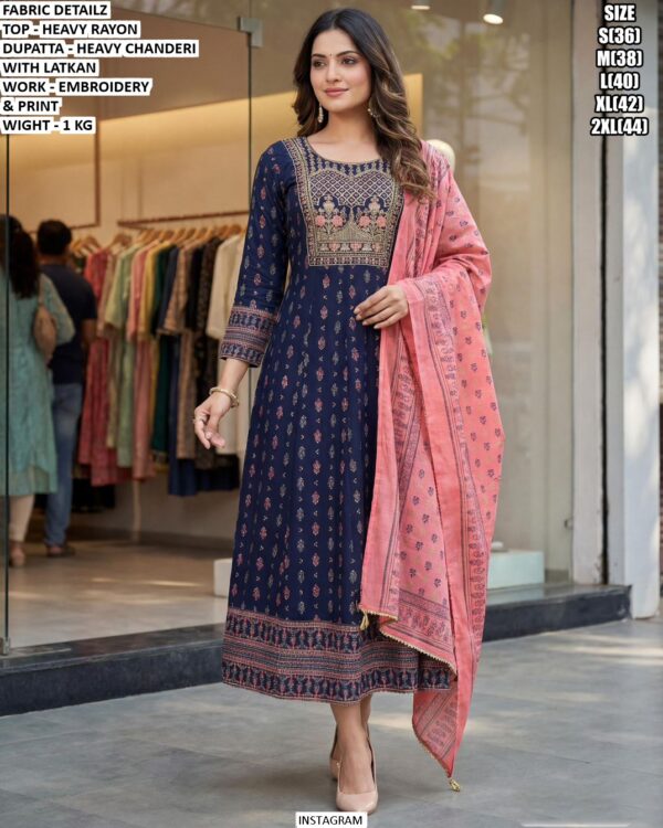 Embroidery And Print Kurti Set With Heavy Chanderi Dupatta