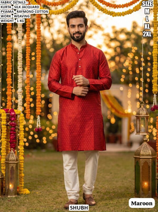 Elegent Silk Jacquard Mens Kurta Pyjama Set With Elegant Weaving Work