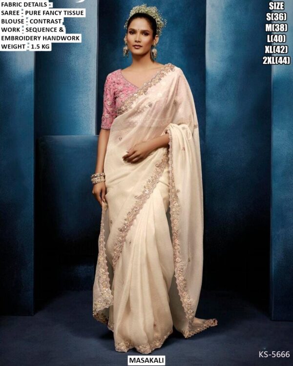 Beautiful Pure Fancy Tissue Saree With Sequence And Embroidery Handwork