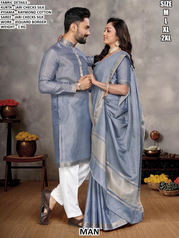 Stylish Jari Checks Silk Couple Ethnic Set With Jequard Border Work