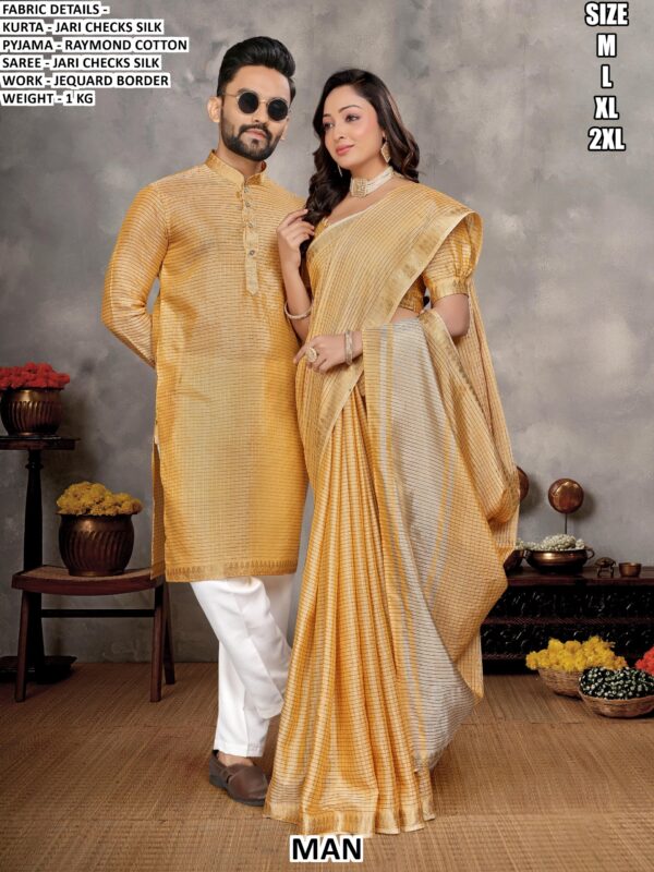 Stylish Jari Checks Silk Couple Ethnic Set With Jequard Border Work