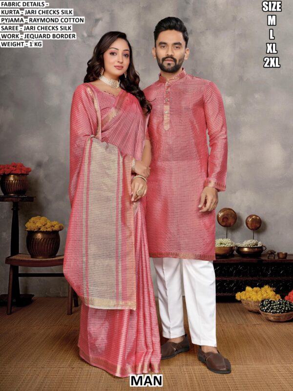 Stylish Jari Checks Silk Couple Ethnic Set With Jequard Border Work