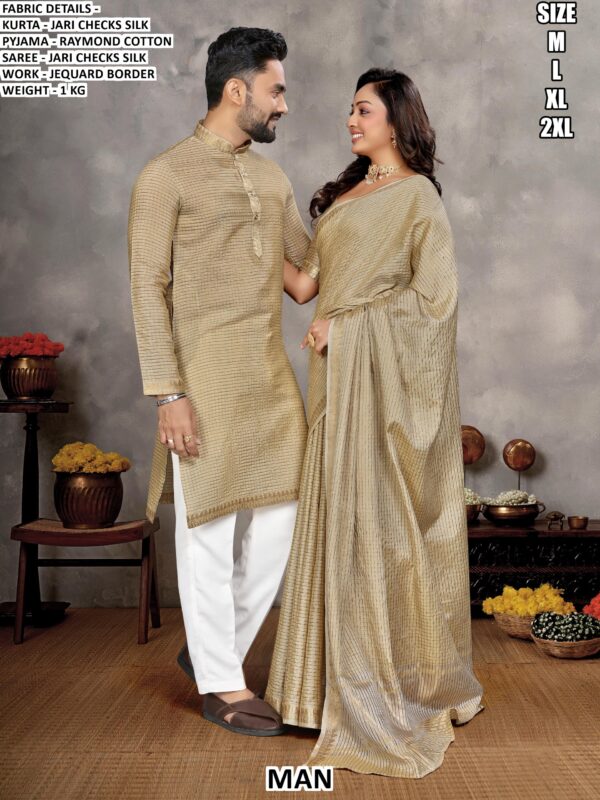 Stylish Jari Checks Silk Couple Ethnic Set With Jequard Border Work