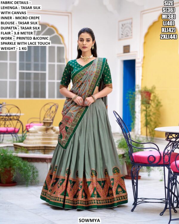 Luxury Tasar Silk Lehenga Set With Printed Design And Lace Touch