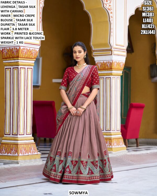 Luxury Tasar Silk Lehenga Set With Printed Design And Lace Touch