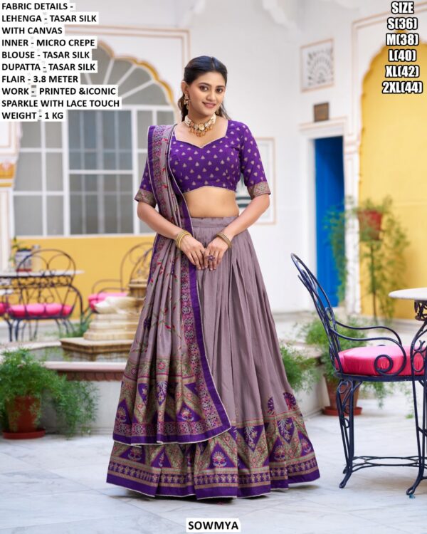 Luxury Tasar Silk Lehenga Set With Printed Design And Lace Touch