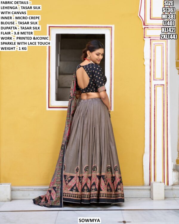 Luxury Tasar Silk Lehenga Set With Printed Design And Lace Touch