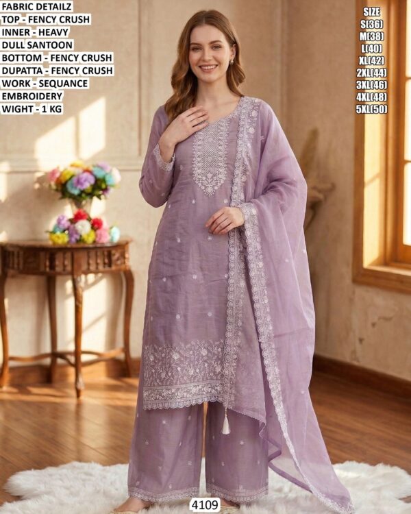 Fancy Crush Suit Set With Sequence Embroidery Work