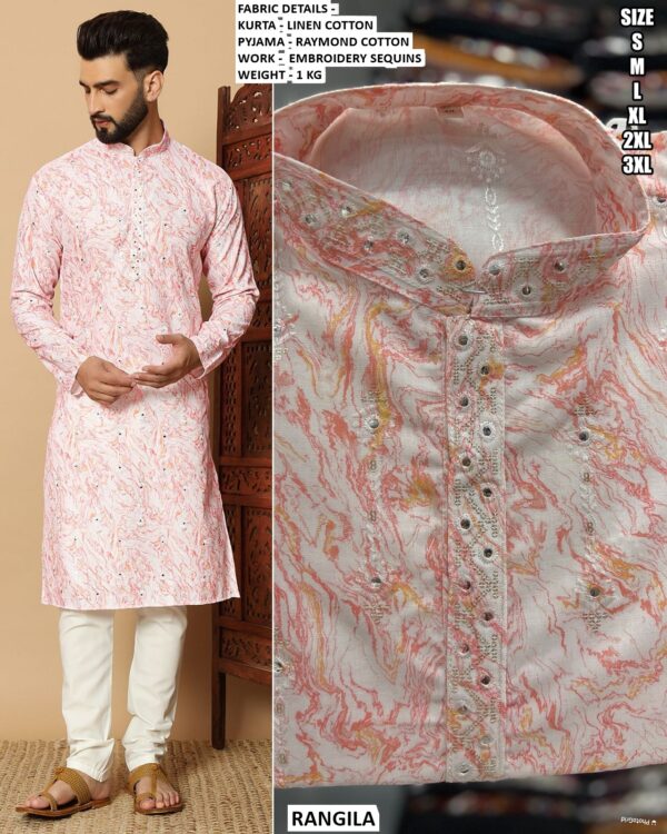 Men’s Linen Cotton Kurta With Embroidery Sequins Work
