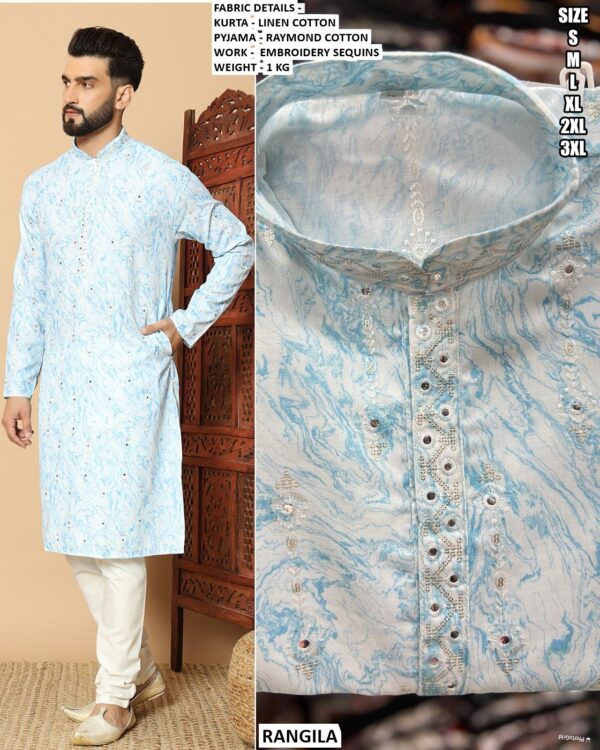 Men’s Linen Cotton Kurta With Embroidery Sequins Work
