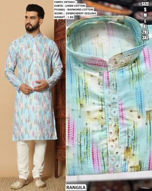 Men’s Linen Cotton Kurta With Embroidery Sequins Work