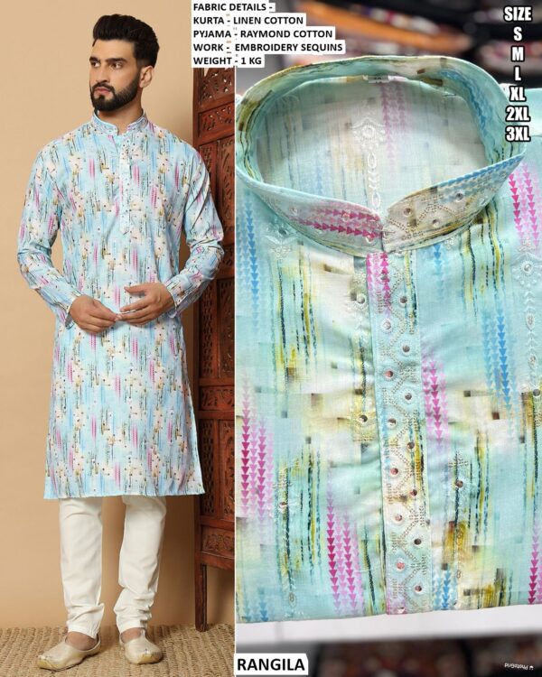 Men’s Linen Cotton Kurta With Embroidery Sequins Work