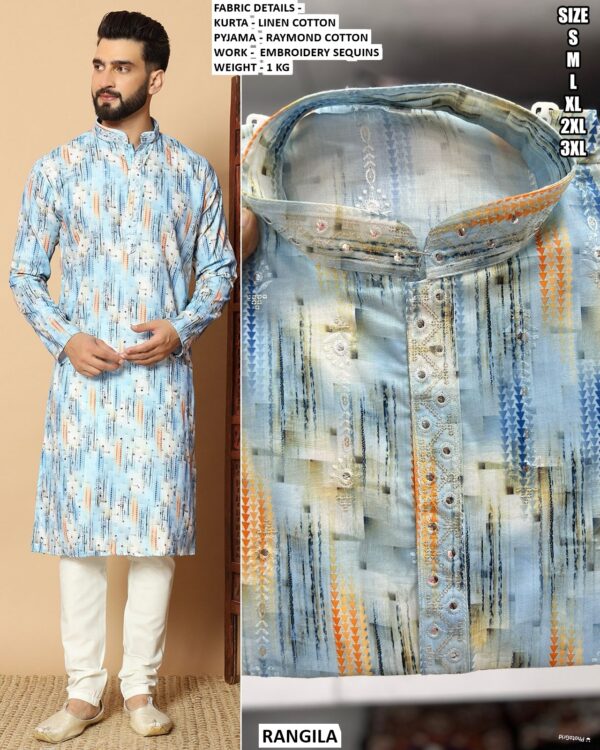 Men’s Linen Cotton Kurta With Embroidery Sequins Work