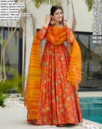 Women’s Printed Silk Gown With Organza Dupatta