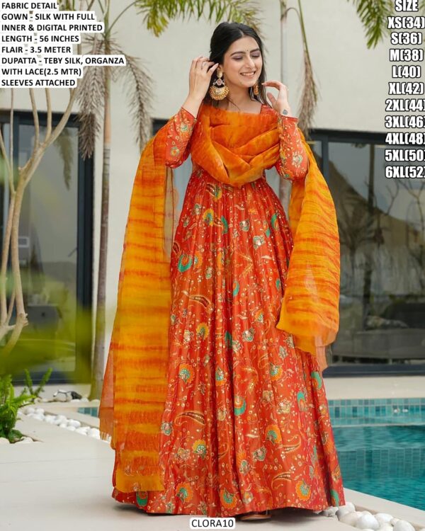 Women’s Printed Silk Gown With Organza Dupatta