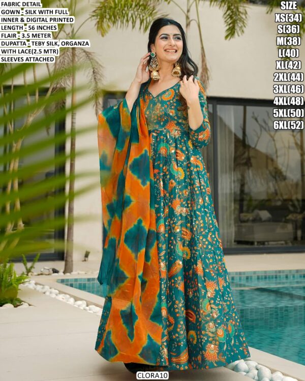 Women’s Printed Silk Gown With Organza Dupatta