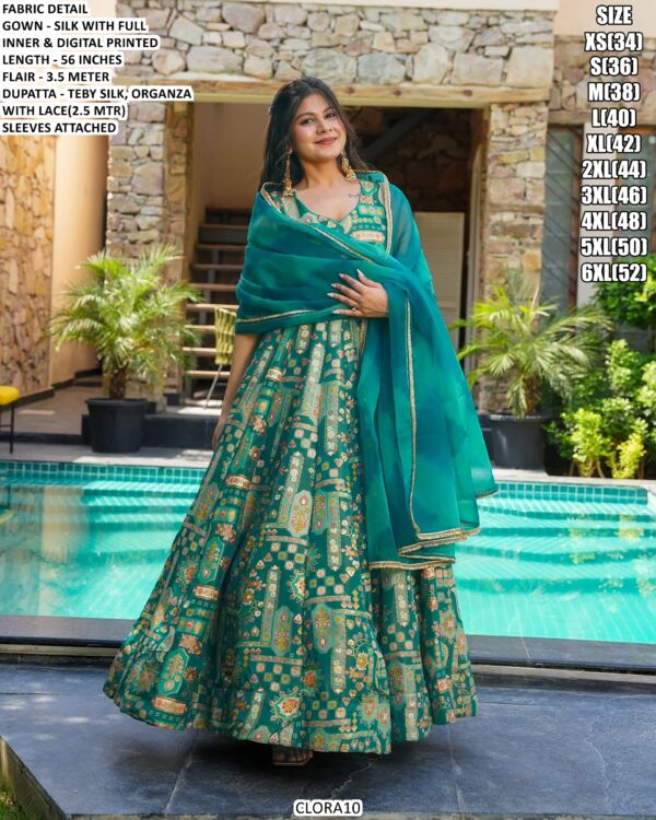 Women’s Printed Silk Gown With Organza Dupatta