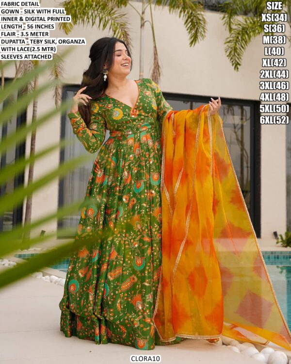 Women’s Printed Silk Gown With Organza Dupatta