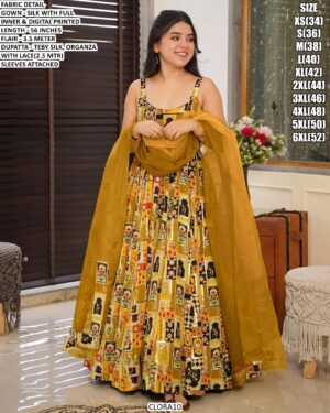 Women’s Printed Silk Gown With Organza Dupatta