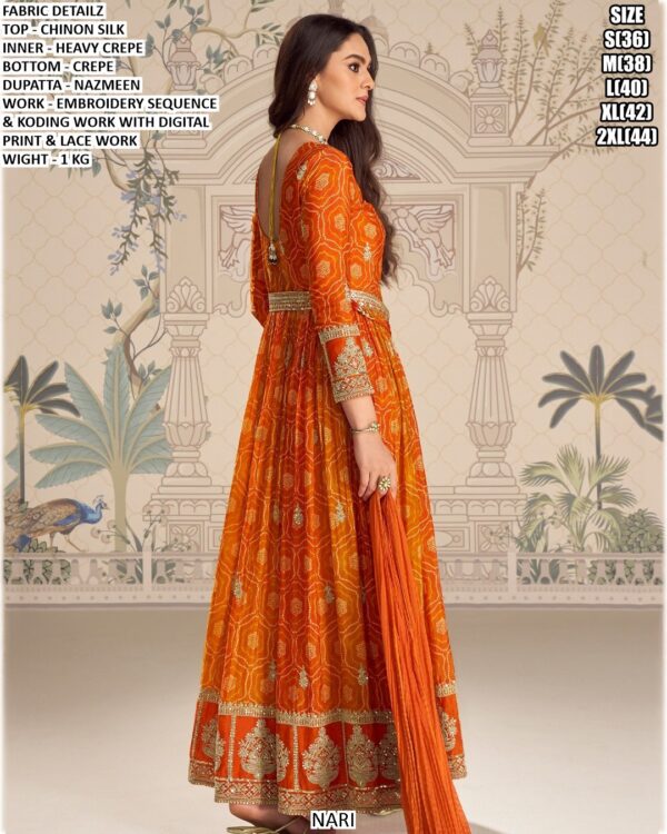 Premium Chinon Silk Gown Set With Embroidery And Digital Print Work