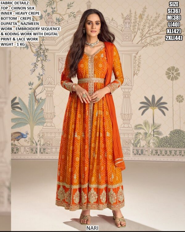 Premium Chinon Silk Gown Set With Embroidery And Digital Print Work