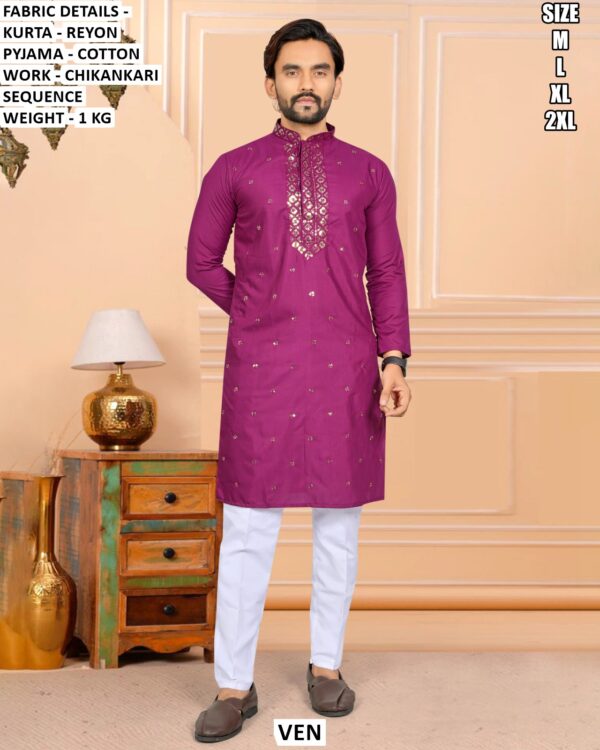 Men’s Rayon Kurta Pajama Set With Chikankari Sequence Work