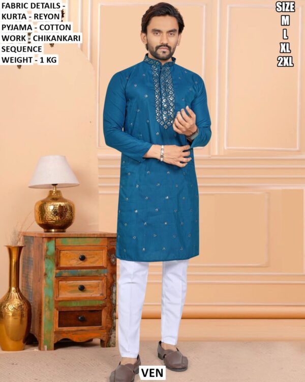 Men’s Rayon Kurta Pajama Set With Chikankari Sequence Work