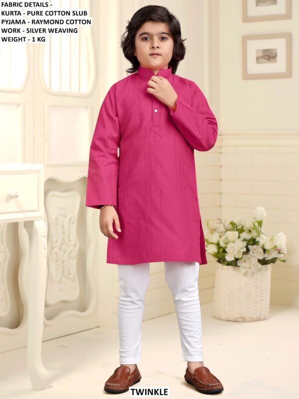 Pure Cotton Slub Kids Kurta Pyjama Set With Silver Weaving Work