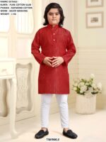 Pure Cotton Slub Kids Kurta Pyjama Set With Silver Weaving Work