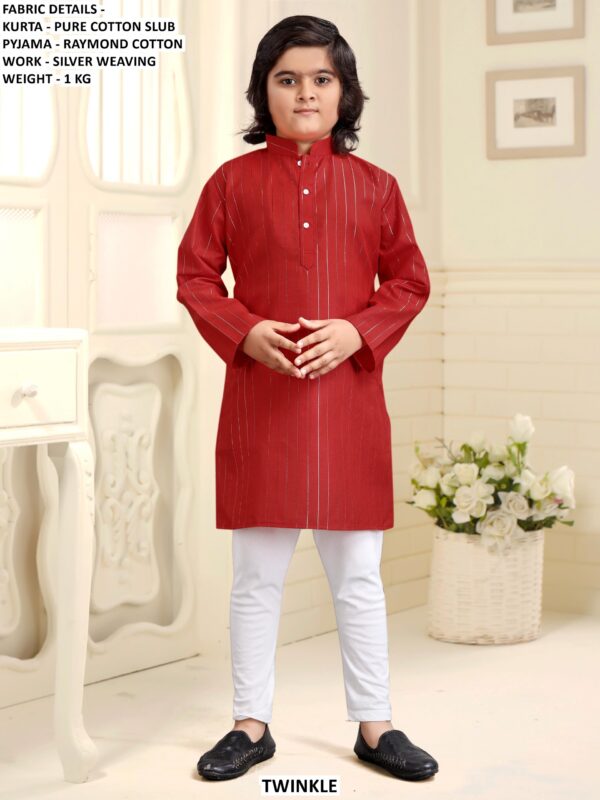 Pure Cotton Slub Kids Kurta Pyjama Set With Silver Weaving Work