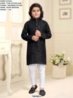 Pure Cotton Slub Kids Kurta Pyjama Set With Silver Weaving Work