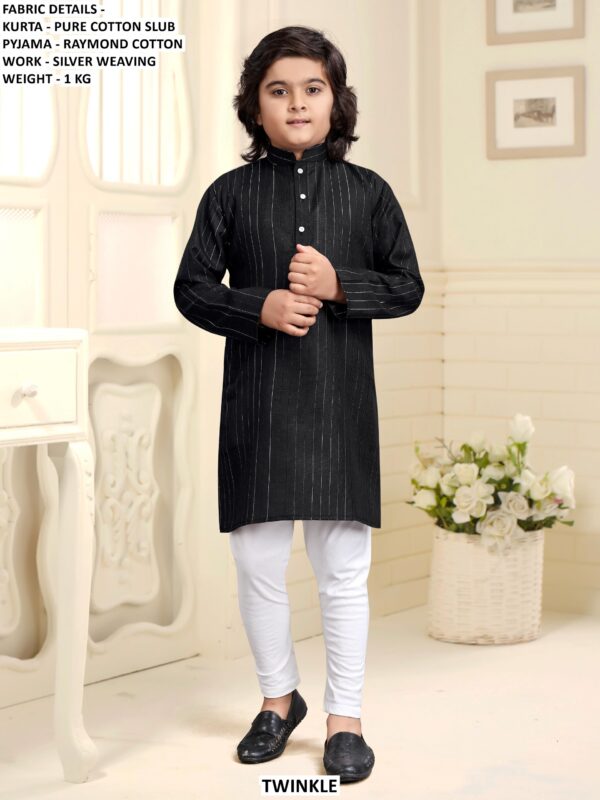 Pure Cotton Slub Kids Kurta Pyjama Set With Silver Weaving Work
