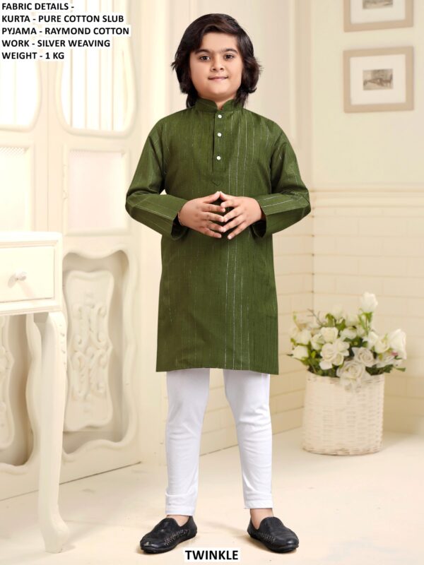 Pure Cotton Slub Kids Kurta Pyjama Set With Silver Weaving Work