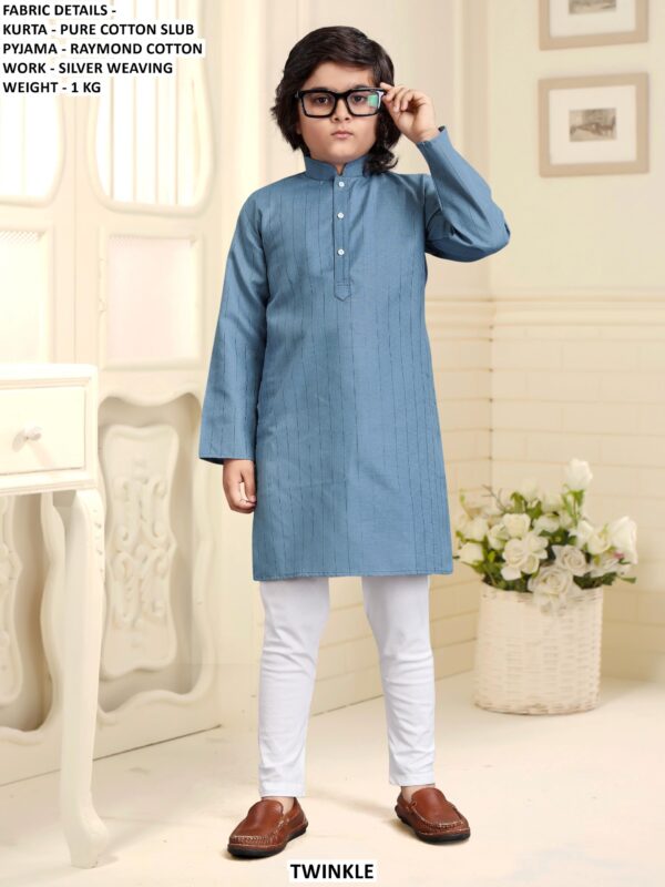 Pure Cotton Slub Kids Kurta Pyjama Set With Silver Weaving Work