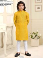Pure Cotton Slub Kids Kurta Pyjama Set With Silver Weaving Work