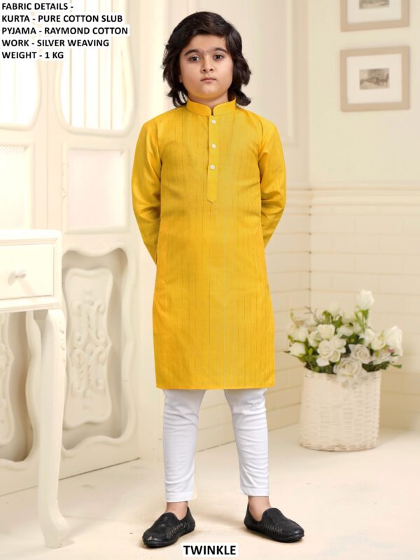 Pure Cotton Slub Kids Kurta Pyjama Set With Silver Weaving Work