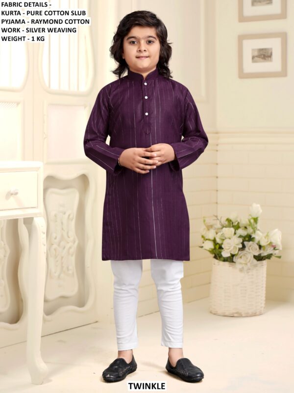 Pure Cotton Slub Kids Kurta Pyjama Set With Silver Weaving Work