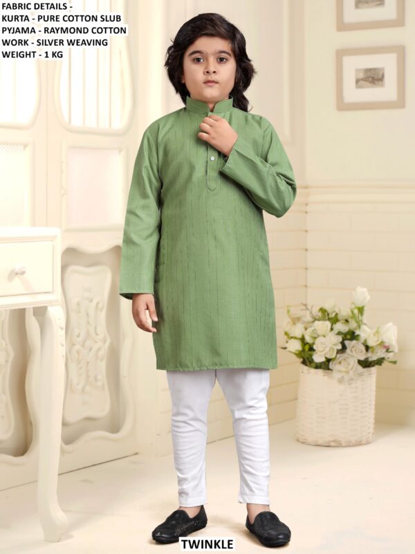 Pure Cotton Slub Kids Kurta Pyjama Set With Silver Weaving Work