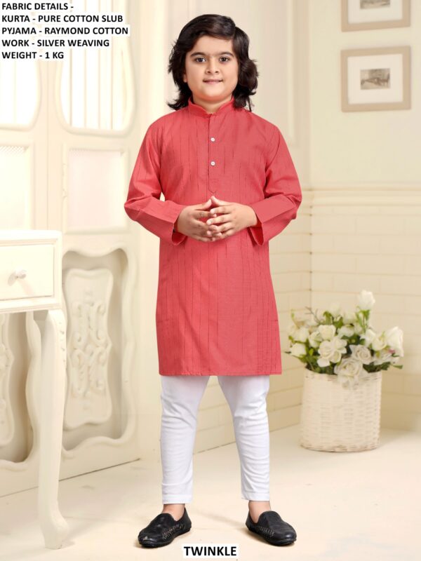 Pure Cotton Slub Kids Kurta Pyjama Set With Silver Weaving Work