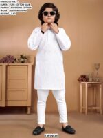 Pure Cotton Slub Kids Kurta Pyjama Set With Silver Weaving Work