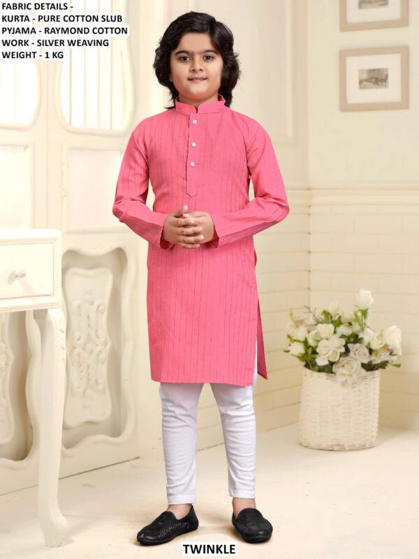 Pure Cotton Slub Kids Kurta Pyjama Set With Silver Weaving Work