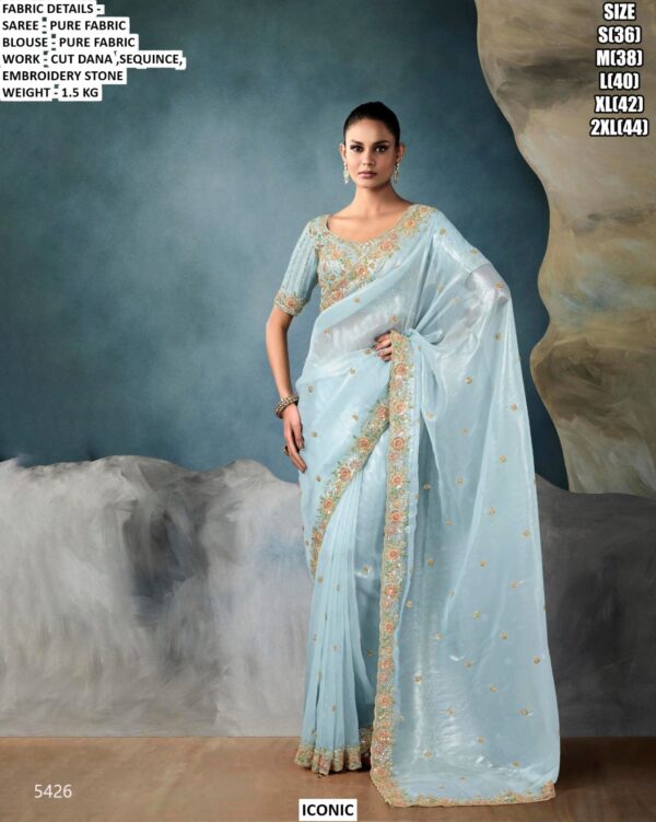 Pure Fabric Saree With Cut Dana, Sequence And Stone Work
