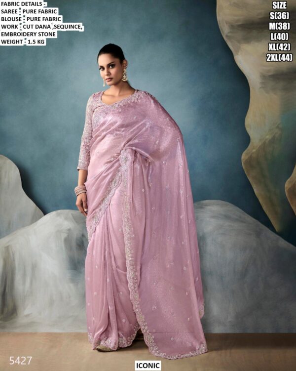 Pure Fabric Saree With Cut Dana, Sequence And Stone Work