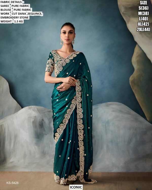 Pure Fabric Saree With Cut Dana, Sequence And Stone Work