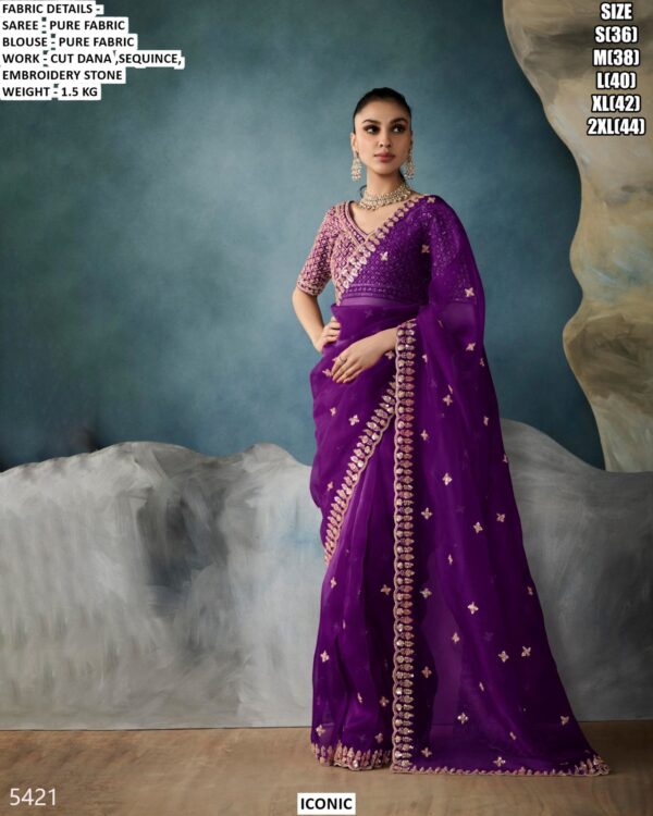 Pure Fabric Saree With Cut Dana, Sequence And Stone Work