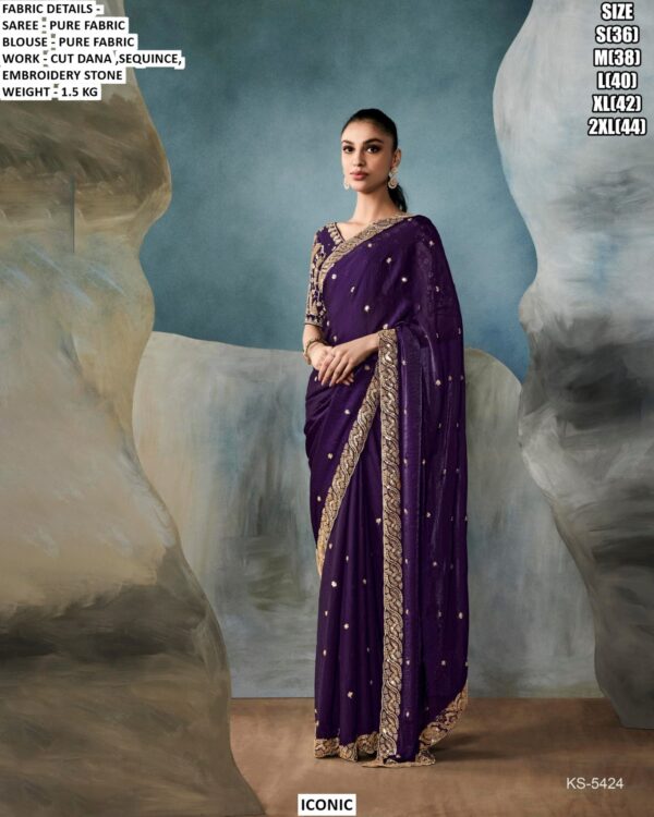 Pure Fabric Saree With Cut Dana, Sequence And Stone Work