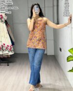 Trendy Traditional Printed Cambric Cotton Top For Girls