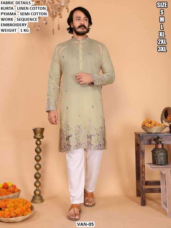 Men’s Linen Cotton Kurta Pajama Set With Sequence Embroidery