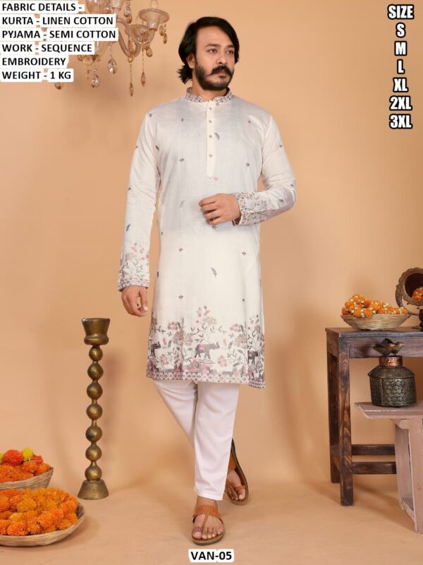 Men’s Linen Cotton Kurta Pajama Set With Sequence Embroidery